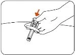 A hand pressing the upper button of a cylindrical medical device, indicated by an orange arrow pointing downward