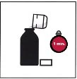 Disegno stilizzato di un flacone scuro con tappo rimosso, un cronometro rosso con la scritta 1 min e un piccolo contenitore rettangolare bianco