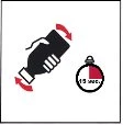 Icona nera di una mano che scuote energicamente una bottiglia tra due frecce rosse accanto a un cronometro con la scritta 15 sec