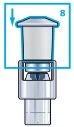 Technical diagram of a white and transparent cylindrical medical device with a blue arrow pointing downward and the number 8 at the top
