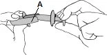 Two hands holding and separating a cylindrical medical device labeled A with a thin black line