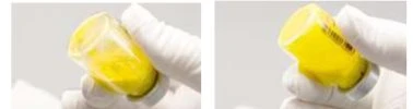 Two side-by-side images show a gloved hand holding a glass vial containing a bright yellow liquid against a neutral background