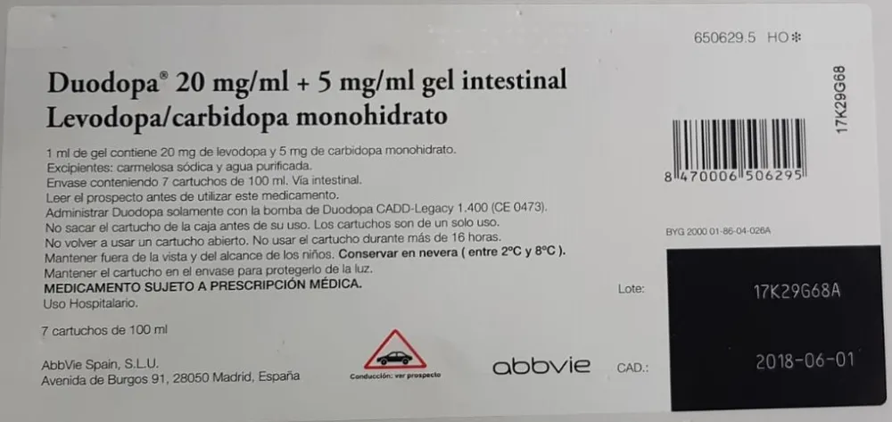 Duodopa 20 mg/ml + 5 mg/ml gel intestinale sospensione, gastrointestinale