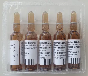 Metoxaleno Macopharma 20 microgrammi/ml soluzione per modifica delle frazioni ematiche soluzione per modifica delle frazioni ematiche