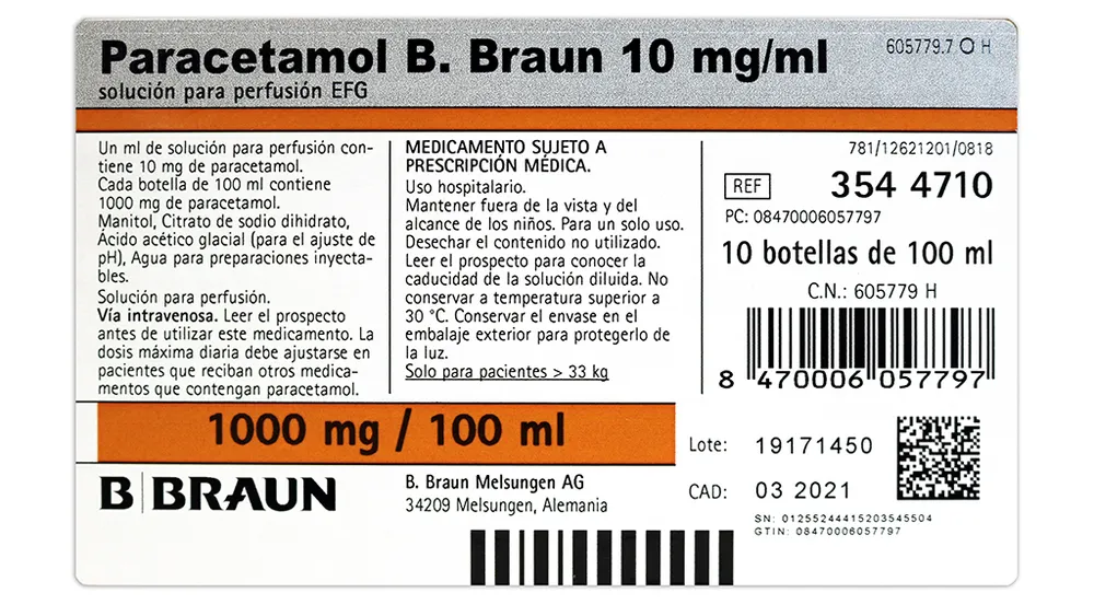 Paracetamol B.Braun 10 mg/ml solution for infusion EFG solution for infusion