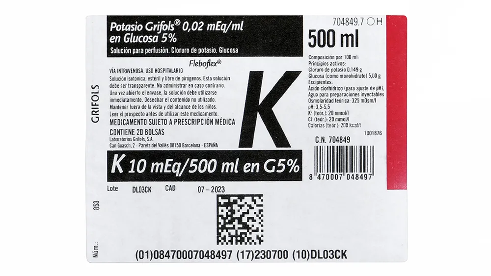 Potassium Grifols 0.02 mEq/ml in glucose 5% solution for infusion solution for infusion