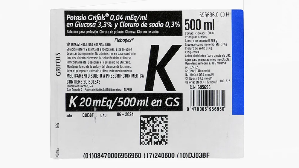 Potassium Grifols 0.04 mEq/ml in glucose 3.3% and sodium chloride 0.3% solution for infusion solution for infusion