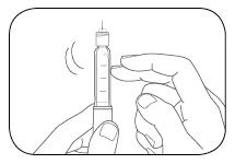 Two hands holding a syringe vertically to prepare the injection