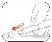 One hand holding an injection pen and removing the protective cap with a curved motion indicated by a red arrow