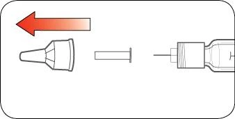 Diagram showing a red arrow pointing left indicating removal of a white cap from a vial with needle