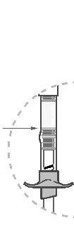 Diagrama técnico de una jeringa con una flecha horizontal que indica el movimiento del émbolo hacia abajo