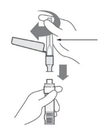 Dibujo técnico que muestra dos manos girando e insertando un dispositivo médico en un recipiente con flechas direccionales que indican el movimiento