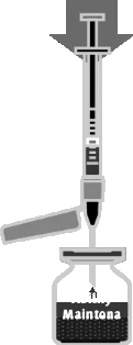 Ilustración en blanco y negro de una jeringa con aguja que aspira líquido de un vial con etiqueta que indica «Maintona»