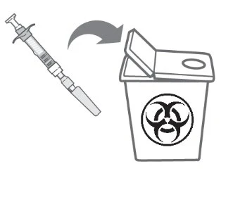 Jeringa con aguja protegida que se descarta en un recipiente para residuos biológicos peligrosos indicado por el símbolo de riesgo biológico