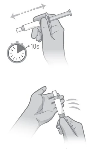 Ilustración de una mano que sostiene una jeringa con una flecha de movimiento y un cronómetro en 10 segundos y otra mano que agita la jeringa
