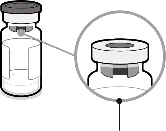Illustration of a glass vial with a gray cap and a circular magnifier showing a detailed view of the container's upper part