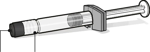 Technical drawing of a horizontal syringe with a transparent body, gray plunger, and black tip cap indicating a specific measurement