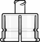 Black and white technical drawing of a cylindrical container with three vertical compartments and contoured edges at the base and top