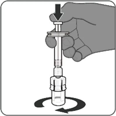 One hand presses down the plunger of a syringe while the base is rotated following a black circular arrow