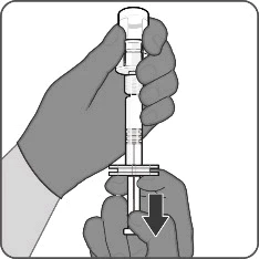 Two hands holding a syringe with a downward-pointing arrow indicating the plunger pressing motion