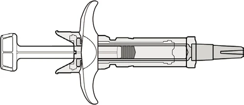Black and white technical drawing of a pre-filled syringe with plunger, transparent cylindrical body, and tip for the