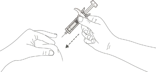 A hand holding a syringe with needle pointed toward a leg, indicated by a dashed arrow suggesting the direction of the