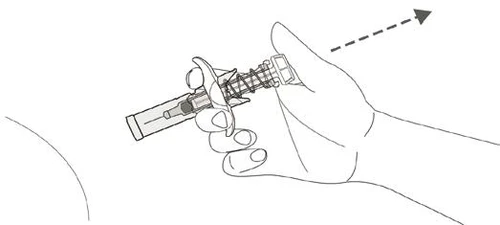 A hand holding an injection pen oriented toward the