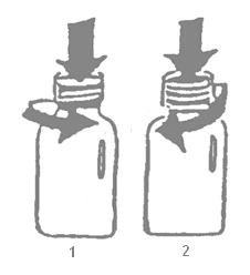 Dibujo esquemático en dos pasos que muestra cómo presionar hacia abajo y girar la tapa de un frasco para abrirla