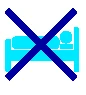 Icono azul de una persona acostada en una cama, con una gran cruz azul encima que indica la prohibición de estar en cama o descansar