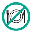 Green circular prohibition symbol with a diagonal bar over a white plate accompanied by black fork and knife