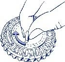 Two hands rotating a toothed cap clockwise, indicated by a curved arrow, to open a medical container