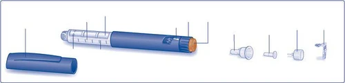 Diagrama despiegado de una pluma inyectora azul con componentes separados, incluyendo tapón, cuerpo graduado, tapón naranja, protectores y aguja