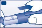 Una mano sostiene un dispositivo médico cilíndrico azul y blanco mientras una flecha indica el movimiento de deslizamiento hacia la derecha