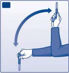 Ilustración médica que muestra una mano que gira una jeringa desde una posición vertical a una horizontal mediante una flecha curva azul