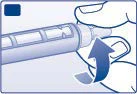 Una mano sostiene un dispositivo médico y retira la tapa protectora con un movimiento indicado por una flecha azul hacia arriba
