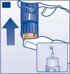 Ilustración médica que muestra una mano que levanta un dispositivo de inyección azul con una flecha hacia arriba