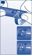 Ilustración de una pluma inyectable con flecha que indica la rotación del anillo para ajustar la dosis entre los valores 4-6 y 24-26 unidades