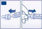 Dos diagramas muestran cómo separar y luego unir los componentes de un dispositivo médico mediante flechas direccionales azules sobre fondo blanco