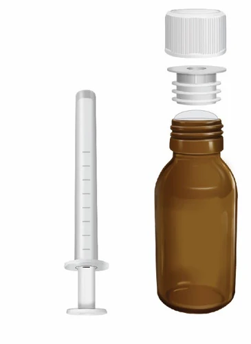 White syringe with graduation marks next to an amber glass vial with cap and seal arranged vertically