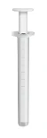 Disposable white plastic medical syringe with graduated cylindrical barrel and upper plunger for
