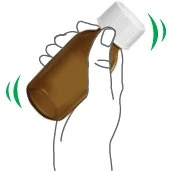 A hand vigorously shakes a brown vial with white cap, indicated by curved green lines suggesting agitation movement