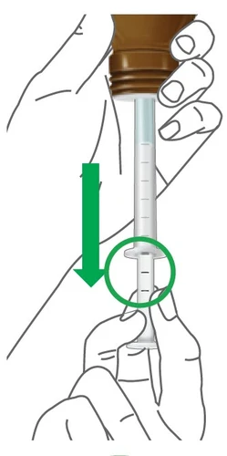 Illustration of hands holding a syringe with a green arrow pointing downward and a green circle at the bottom of the cylinder