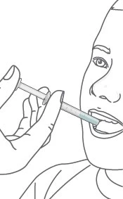 Line drawing of a hand holding a syringe with blue liquid gently inserting it into the
