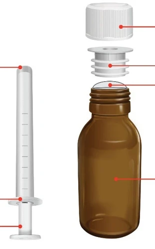 Exploded diagram of an amber glass vial with cap and a white syringe with graduations and plunger for