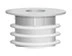 White cylindrical container with wide base and three horizontal raised rings along the central body on white background