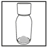 Black and white drawing of a glass vial with screw cap and a small amount of powder at the bottom