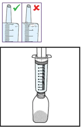 Two diagrams showing a syringe with air bubbles