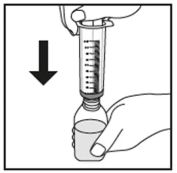 A hand holds a graduated syringe above a glass vial and a black arrow indicates downward movement for filling
