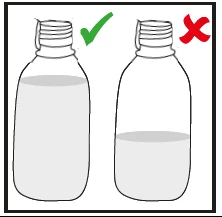 Drawing of two medical vials, the one on the left full with a green checkmark, the one on the right half-empty with a red cross