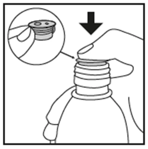 A hand pressing downward with the thumb on the cap of a medical vial, with an enlargement showing the upper contact detail